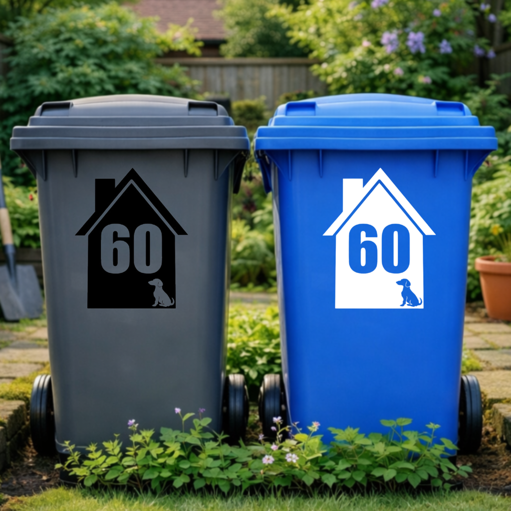 Corner Dog House Shaped Wheelie Bin Number Stickers