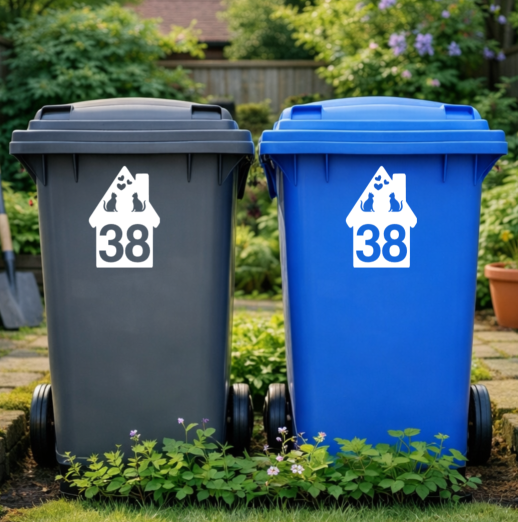 Cat Heart House Shaped Wheelie Bin Number Stickers