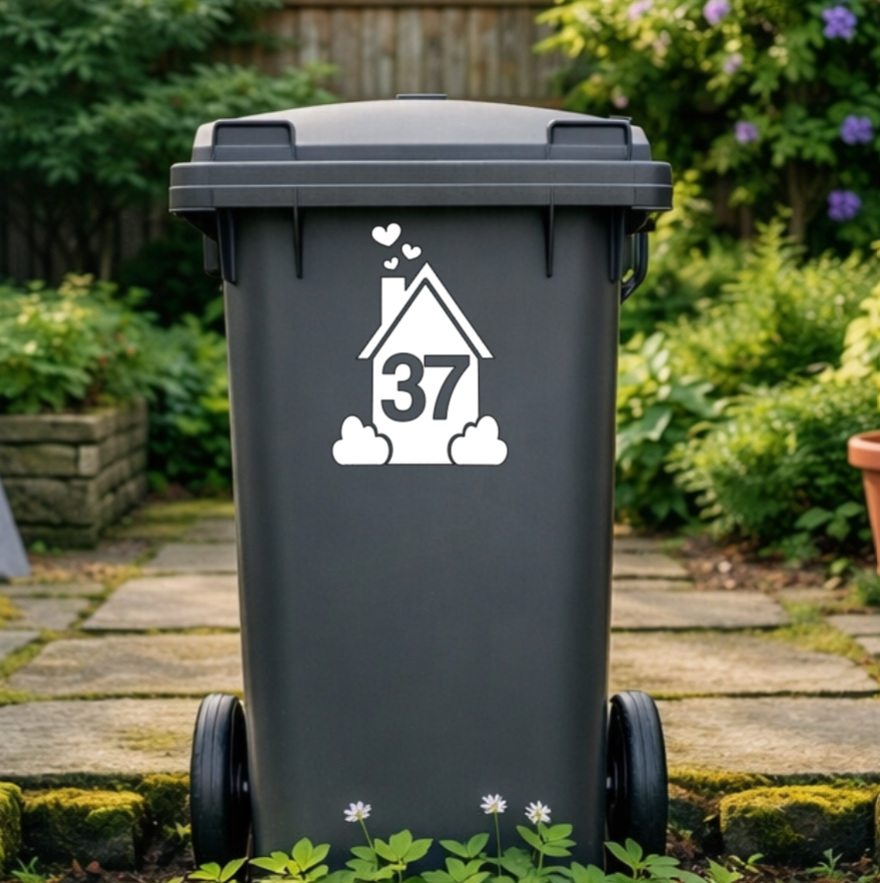 Smokey Hearts House Shaped Wheelie Bin Number Stickers